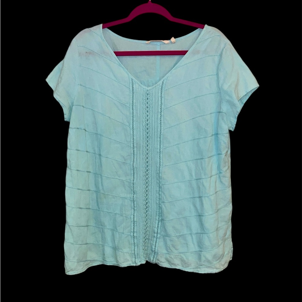 Soft Surroundings large blouse embroidered laser cut shirt sleeve blue coastal